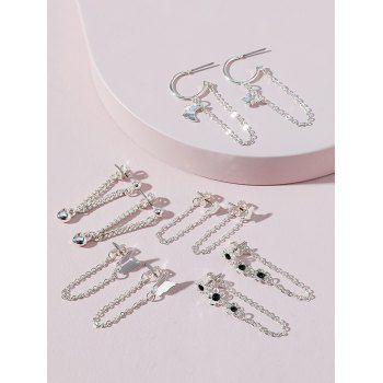 

5 Pairs Heart Butterfly Flower Chain Earrings Set, Silver