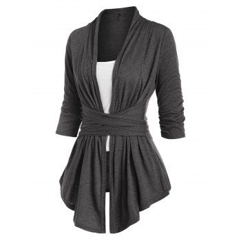 

Shawl Collar Cross Asymmetrical Hem T Shirt with Plain Camisole Set, Dark gray