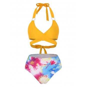 

High Waisted Galaxy Planet Sun Wrap Bikini Swimwear, Yellow