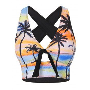 

Tropical Swimsuit Palm Tree Tie Front Criss Cross Back Swimwear Top, Multicolor