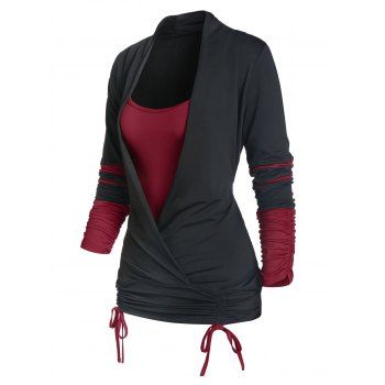 

Cinched Contrast Colorblock Striped Long Sleeves Surplice Faux Twinset T-shirt, Deep red