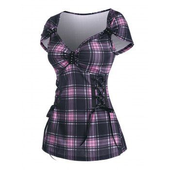 

Plaid Rivet Embellished Sweetheart Neck Lace Up Corset Style T Shirt, Light pink