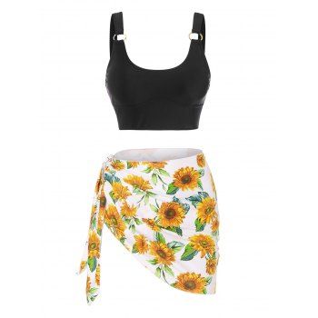 

Beach Tankini Swimwear Sunflower Print High Waisted Swimsuit O Ring Asymmetrical Hem Three Piece Bathing Suit Set, Yellow