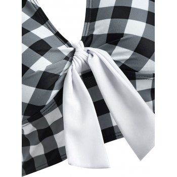 Tummy Control Tankini Swimsuit Plaid Print Swimwear Crisscross Mock Button Knotted Summer Beach Bathing Suit 