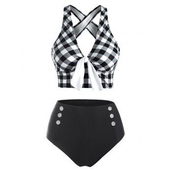 

Tummy Control Tankini Swimsuit Plaid Print Swimwear Crisscross Mock Button Knotted Summer Beach Bathing Suit, Black