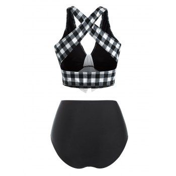 Tummy Control Tankini Swimsuit Plaid Print Swimwear Crisscross Mock Button Knotted Summer Beach Bathing Suit 