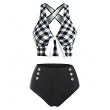 dresslily Checkered Crisscross Tied Mock Button Tankini Swimwear