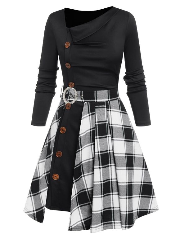 Retro Mock Button Skew Collar Dress and Plaid Slit Skirt Set - WHITE XXL