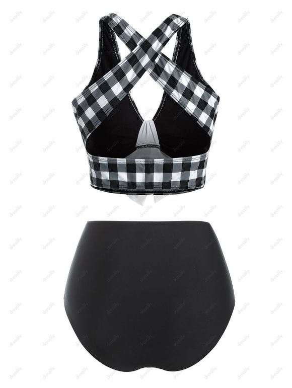 Maillot de Bain Tankini Gainant Noué Croisé à Carreaux avec Faux Bouton de Plage - Noir S