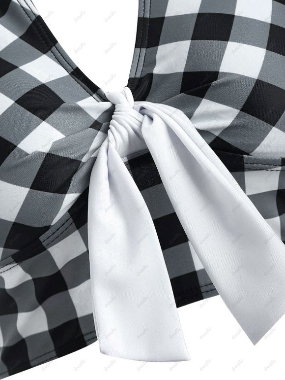 Maillot de Bain Tankini Gainant Noué Croisé à Carreaux avec Faux Bouton de Plage - Noir S