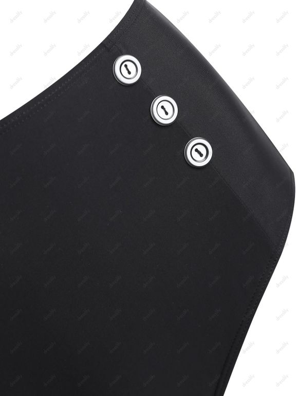 Maillot de Bain Tankini Gainant Noué Croisé à Carreaux avec Faux Bouton de Plage - Noir S