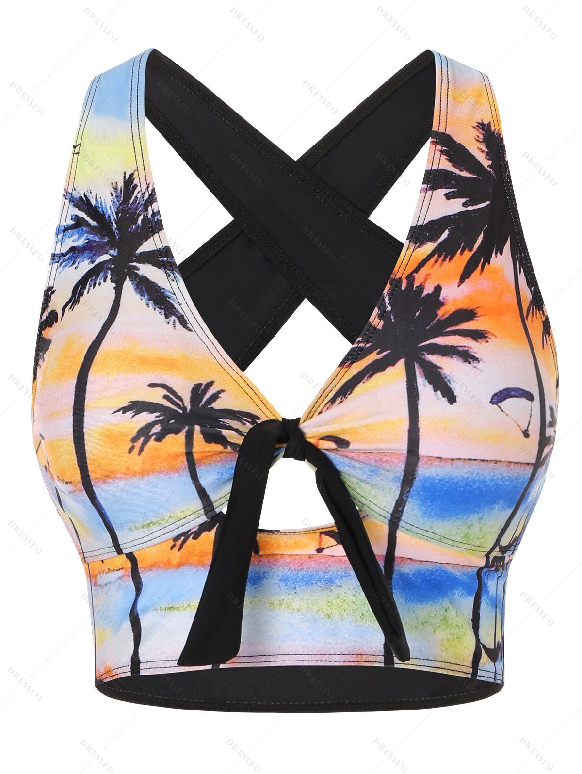 Tropical Swimsuit Palm Tree Tie Front Criss Cross Back Swimwear Top - multicolor XXL