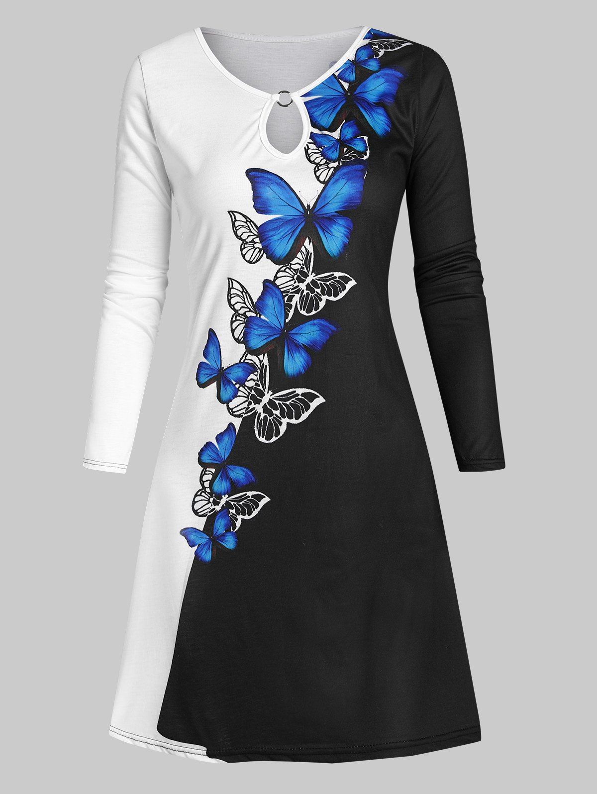 Robe Chemise Fleurie Papillon Bague en O avec Trou de Serrure - Bleu S