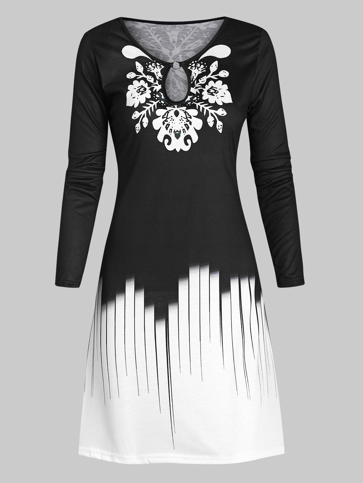 Keyhole O Ring Butterfly Floral Print T Shirt Dress - BLACK XXL