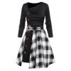 Retro Mock Button Skew Collar Dress and Plaid Slit Skirt Set - WHITE XXL