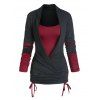 Cinched Contrast Colorblock Striped Long Sleeves Surplice Faux Twinset T-shirt - DEEP RED XL