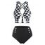 Tummy Control Tankini Swimsuit Plaid Print Swimwear Crisscross Mock Button Knotted Summer Beach Bathing Suit - BLACK S