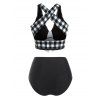 Maillot de Bain Tankini Gainant Noué Croisé à Carreaux avec Faux Bouton de Plage - Noir M