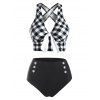 Tummy Control Tankini Swimsuit Plaid Print Swimwear Crisscross Mock Button Knotted Summer Beach Bathing Suit - BLACK M