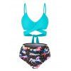 Maillot de Bain Bikini Contrôle du Ventre Fleuri Croisé Noué au Dos de Plage - Bleu Myrtille M