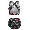 Tummy Control Tankini Swimsuit Cartoon Dinosaur Print Bathing Suit Ruched Bowknot Crisscross Beach Swimwear - BLACK 2XL