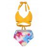 High Waisted Galaxy Planet Sun Wrap Bikini Swimwear - YELLOW M