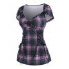 Plaid Rivet Embellished Sweetheart Neck Lace Up Corset Style T Shirt - LIGHT PINK S