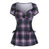 Plaid Rivet Embellished Sweetheart Neck Lace Up Corset Style T Shirt - LIGHT PINK S