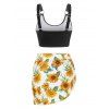 Beach Tankini Swimwear Sunflower Print High Waisted Swimsuit O Ring Asymmetrical Hem Three Piece Bathing Suit Set - YELLOW S