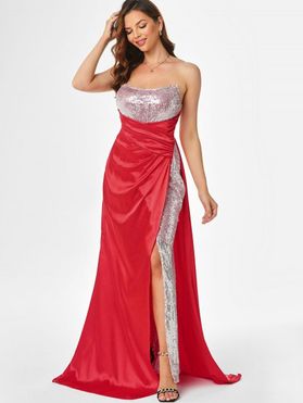 Strapless High Slit Sequin Insert Prom Dress