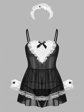 Lace Mesh Bowknot Maid Costume Lingerie Set