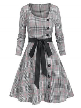 Vintage Plaid Belted Bowknot Skew Collar A Line Dress