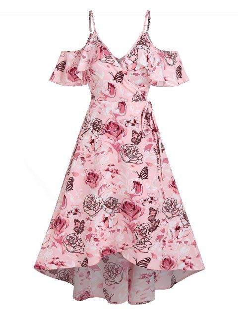 Rose Flower Butterfly Print Garden Party Dress Cold Shoulder Overlap High Low Dress Ruffled Surplice Midi Dress