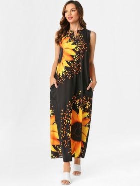 Sleeveless Sunflower Print Maxi Summer Dress