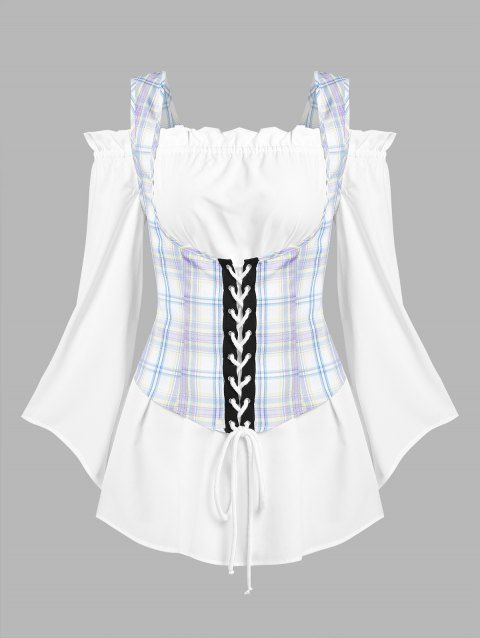 Ruffled Off The Shoulder Blouse and Lace Up Corset Top Twinset