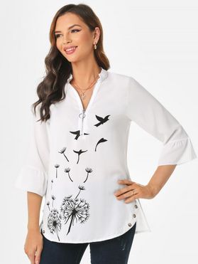 Bell Sleeve Dandelion Bird Print Half Zip Button Side Blouse