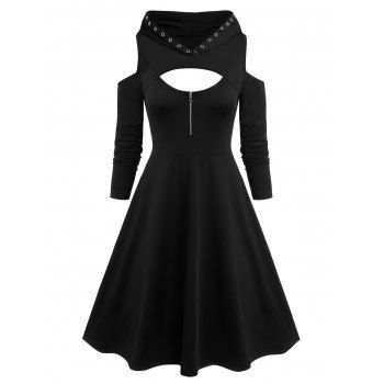 

Gothic Grommet Cutout Cold Shoulder Zip Hooded A Line Dress, Black