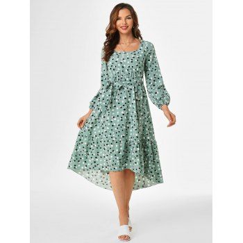 

Polka Dot Belted Flounce Hem High Low Dress, Light green