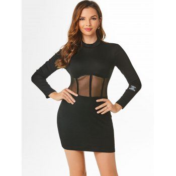 

Mock Neck Letter Patched Mesh Insert Slinky Dress, Black