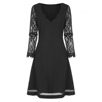 

Scalloped Plunging Lace Insert T Shirt Dress, Black