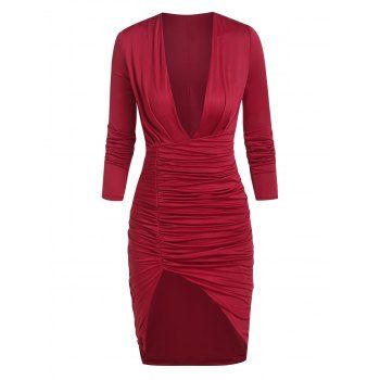 

Ruched Plunging Neckline Mini Tulip Dress, Deep red