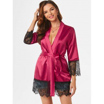 

Satin Lace Insert Belted Pajama Wrap Dress, Red