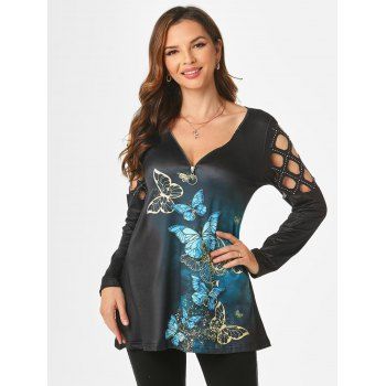 

Rhinestone Caged Shoulder Butterfly Print Zipper Placket T Shirt, Multicolor