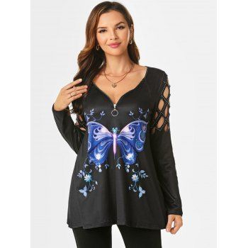 

Floral Butterfly Print Rhinestone Caged Zipper T Shirt, Multicolor