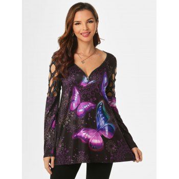 

Zipper Rhinestone Caged Bohemian Floral Butterfly Print T Shirt, Multicolor