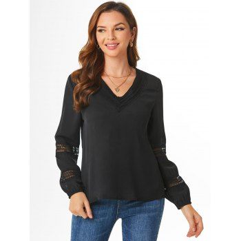 

Crochet Insert V Neck Blouse, Black