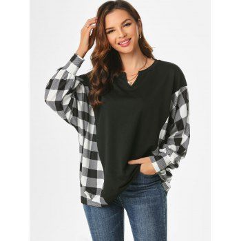 

Plaid Batwing Sleeve V Notched T Shirt, Black