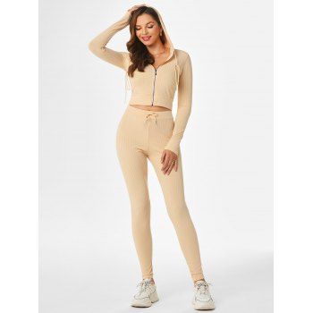 

Ribbed Cropped Zip Up Hoodie and Jogger Pants Set, Light coffee