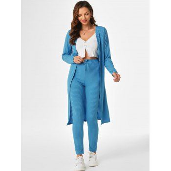 

Ribbed Open Front Cardigan and Bowknot Pants Set, Blue