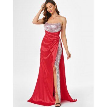 DressLily Women's Strapless High Slit Sequin Insert Prom Dress